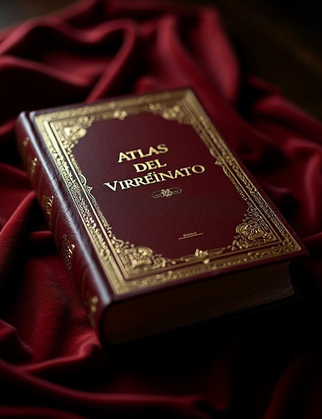 La portada de un atlas encuadernado en cuero con el título 'Atlas del Virreinato'.