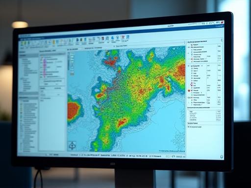 Una pantalla de computadora con un software GIS mostrando capas de datos sobre un mapa base.