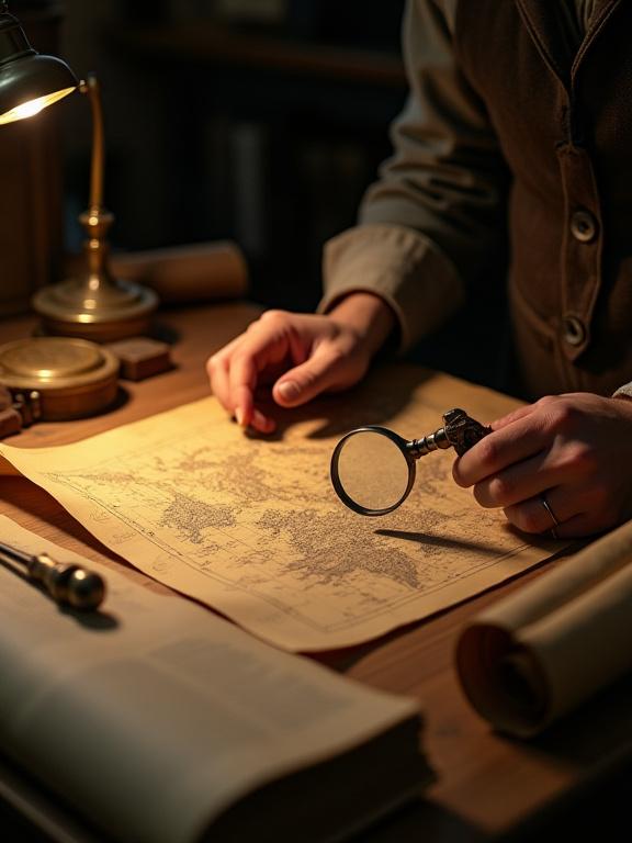 Una toma detallada de un cartógrafo examinando un mapa antiguo con una lupa en un taller bien iluminado.